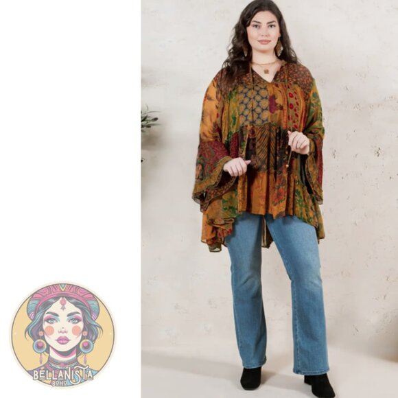 Young Threads Tops - 44335 YOUNG THREADS Overdyed Band Collar Jhabla Patchwork Top Camel
